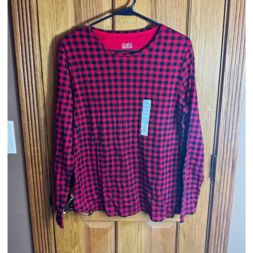 Croft & Barrow Women’s L Red/Black Plaid Crew Neck Long Sleeve Cotton Tee